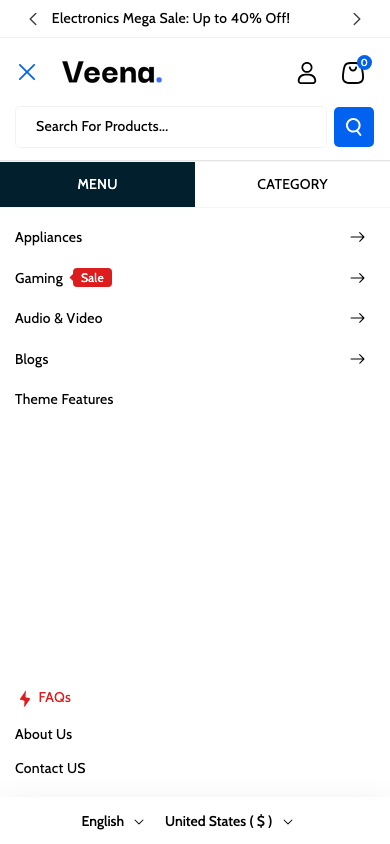 Hamburger → panel opened — Navi+ on the Veena Shopify theme