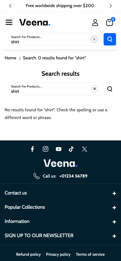 Search → panel opened — Navi+ on the Veena Shopify theme