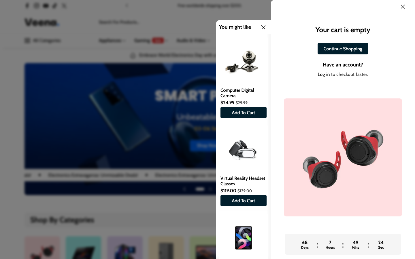 Cart → panel opened — Navi+ on the Veena Shopify theme