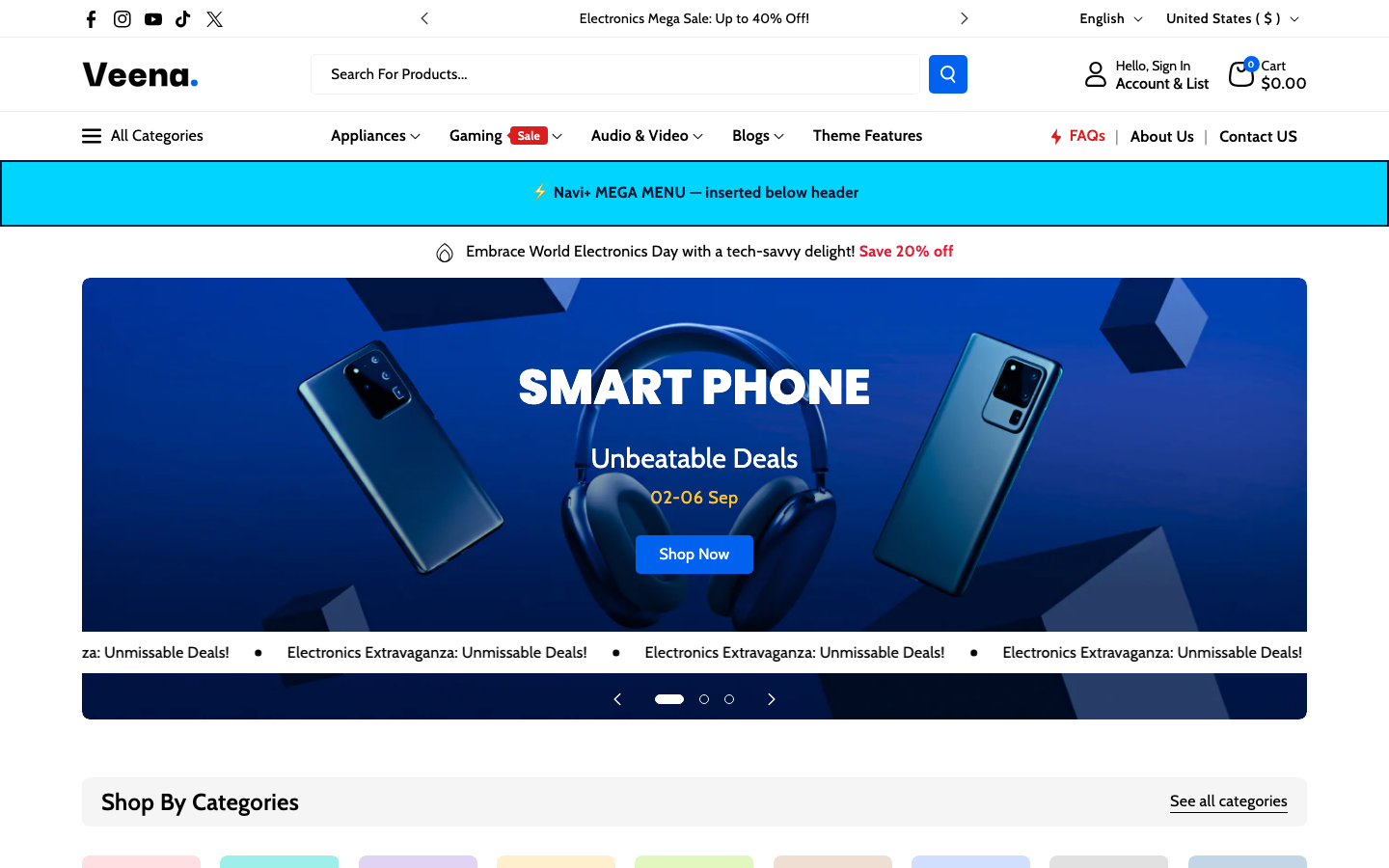 Menu inserted below header — Navi+ on the Veena Shopify theme