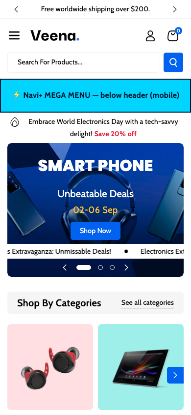 Menu inserted below header — Navi+ on the Veena Shopify theme