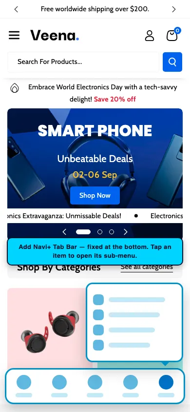 Navi+ Tab Bar on the Veena Shopify theme Navi+ Tab Bar on the Veena Shopify theme