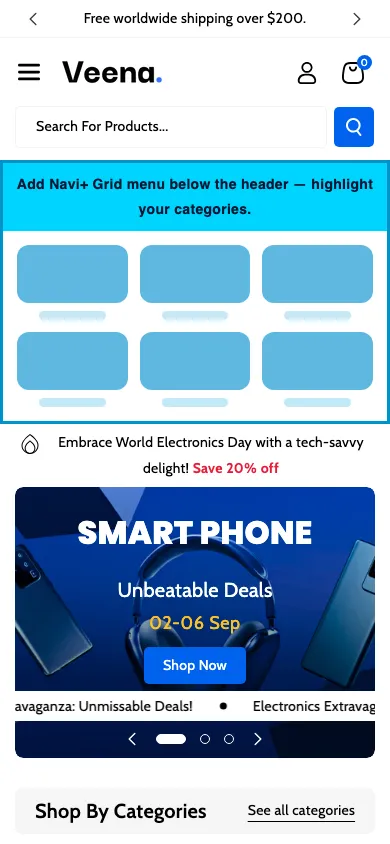 Navi+ Grid Menu on the Veena Shopify theme Navi+ Grid Menu on the Veena Shopify theme