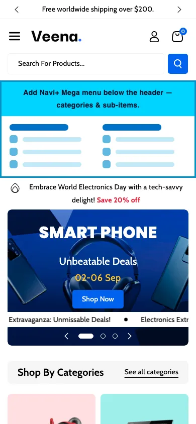 Navi+ mobile Mega Menu on the Veena Shopify theme Navi+ mobile Mega Menu on the Veena Shopify theme