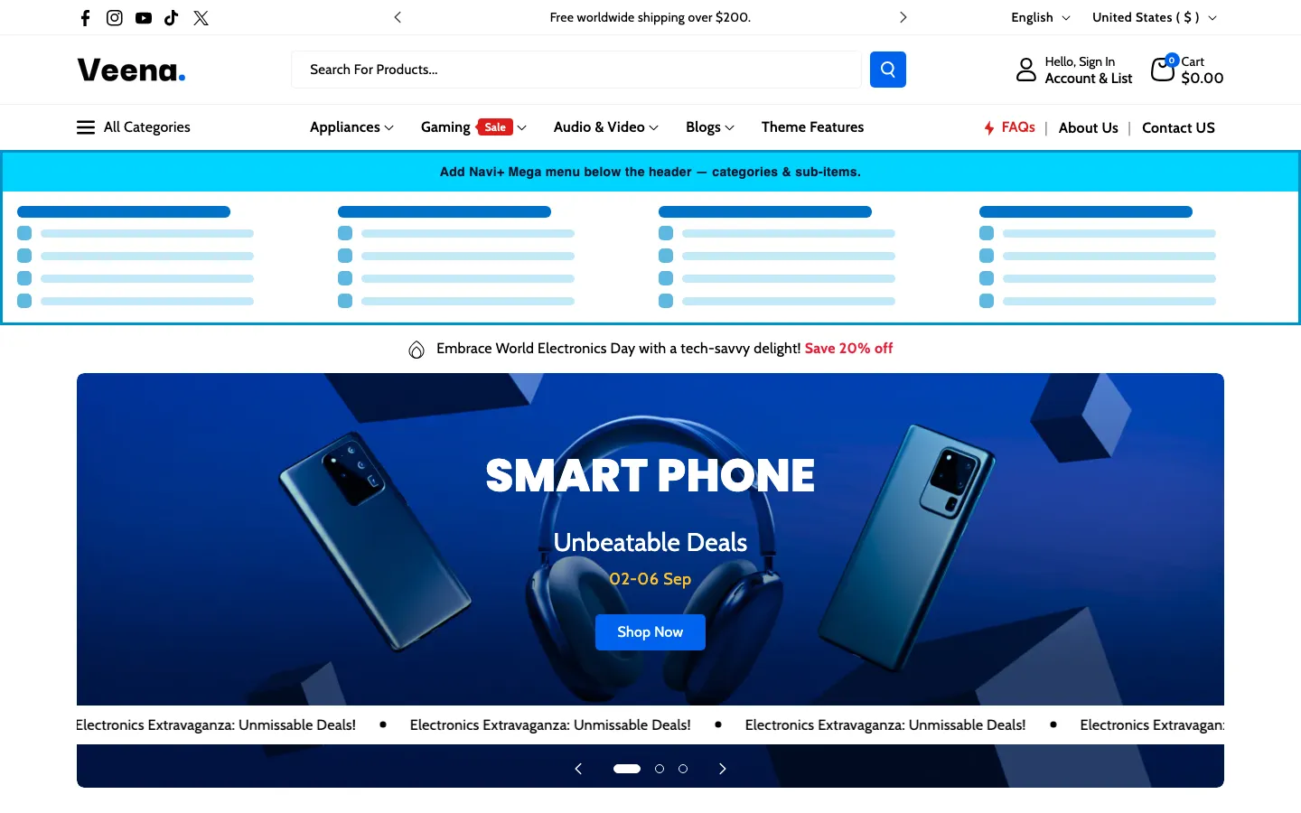 Navi+ Mega Menu inserted below the header on the Veena Shopify theme Navi+ Mega Menu inserted below the header on the Veena Shopify theme