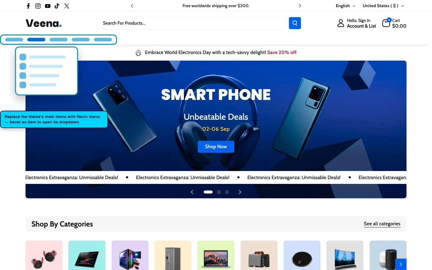Navi+ Mega Menu replacing the desktop menu on the Veena Shopify theme Navi+ Mega Menu replacing the desktop menu on the Veena Shopify theme