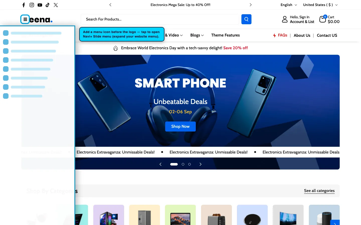 Navi+ trigger icon before the logo on the Veena Shopify theme Navi+ trigger icon before the logo on the Veena Shopify theme