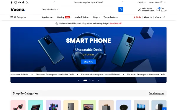 Full-page desktop screenshot of Shopify Veena theme demo store