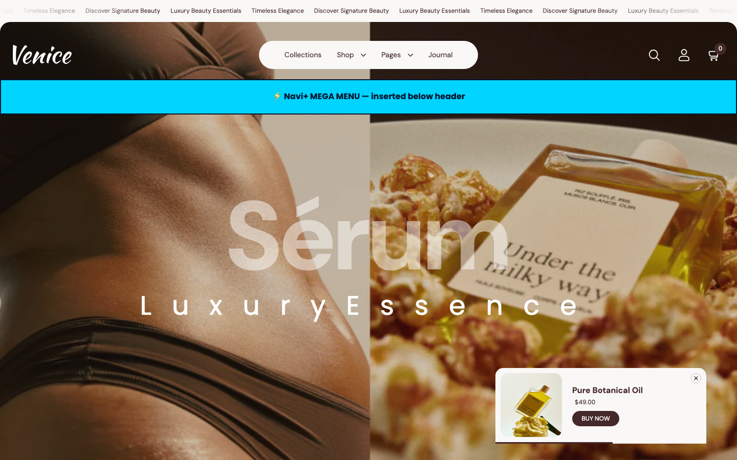 Menu inserted below header — Navi+ on the Venice Shopify theme Menu inserted below header — Navi+ on the Venice Shopify theme