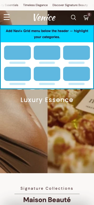 Navi+ Grid Menu on the Venice Shopify theme Navi+ Grid Menu on the Venice Shopify theme
