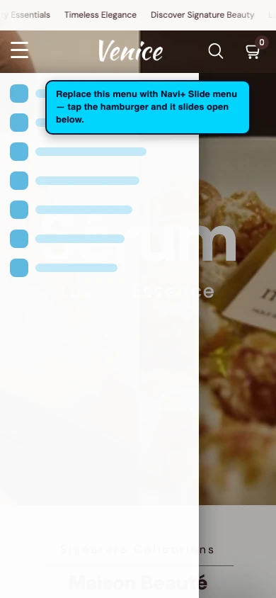 Navi+ Slide Menu on the Venice Shopify theme Navi+ Slide Menu on the Venice Shopify theme