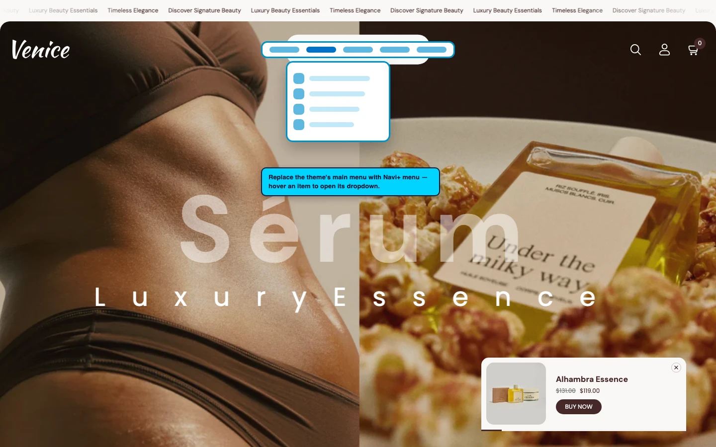 Navi+ Mega Menu replacing the desktop menu on the Venice Shopify theme Navi+ Mega Menu replacing the desktop menu on the Venice Shopify theme