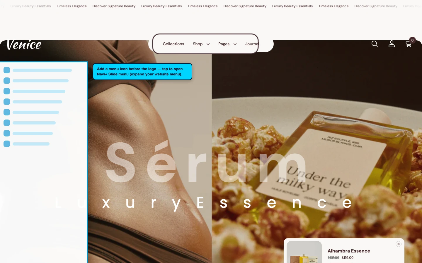 Navi+ trigger icon before the logo on the Venice Shopify theme Navi+ trigger icon before the logo on the Venice Shopify theme