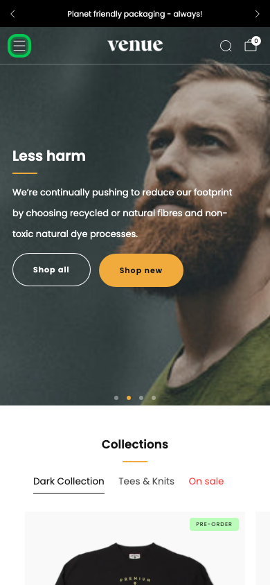 Hamburger → panel opened — Navi+ on the Venue Shopify theme