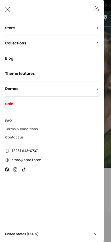 Hamburger → panel opened — Navi+ on the Venue Shopify theme
