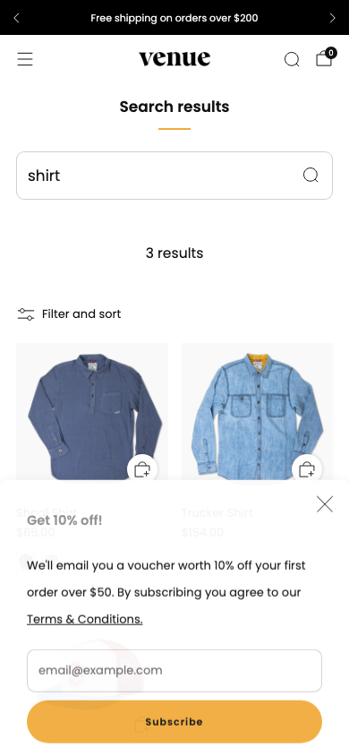 Search → panel opened — Navi+ on the Venue Shopify theme