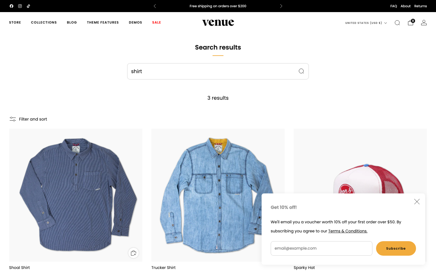 Search → panel opened — Navi+ on the Venue Shopify theme