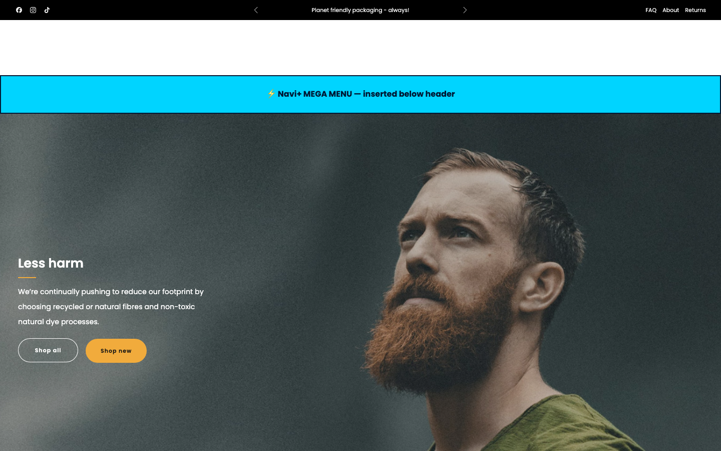 Menu inserted below header — Navi+ on the Venue Shopify theme