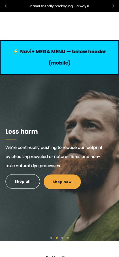 Menu inserted below header — Navi+ on the Venue Shopify theme