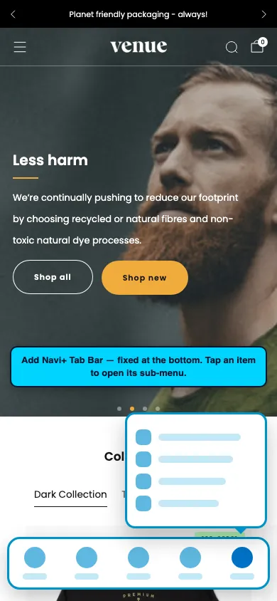 Navi+ Tab Bar on the Venue Shopify theme Navi+ Tab Bar on the Venue Shopify theme