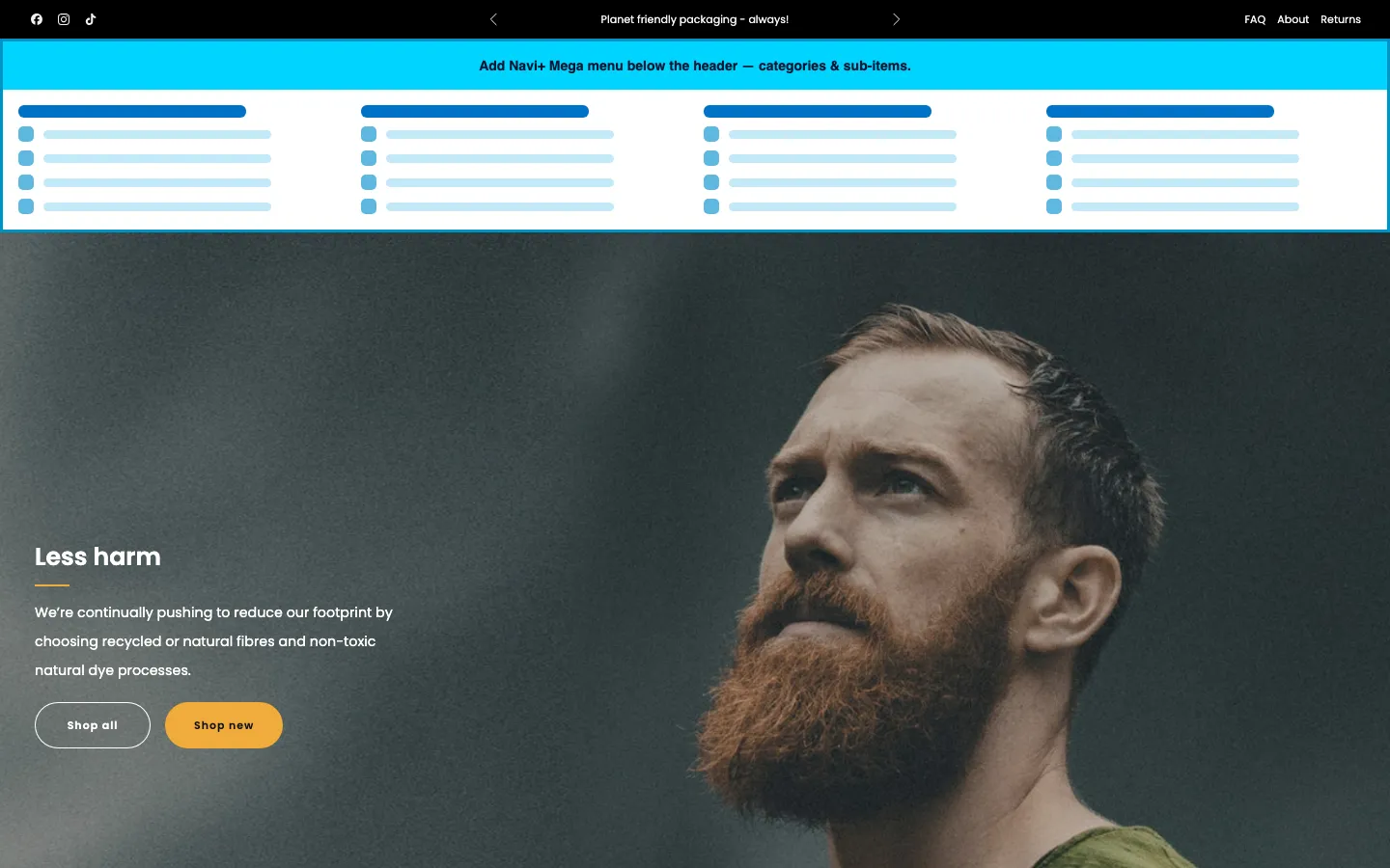 Navi+ Mega Menu inserted below the header on the Venue Shopify theme Navi+ Mega Menu inserted below the header on the Venue Shopify theme