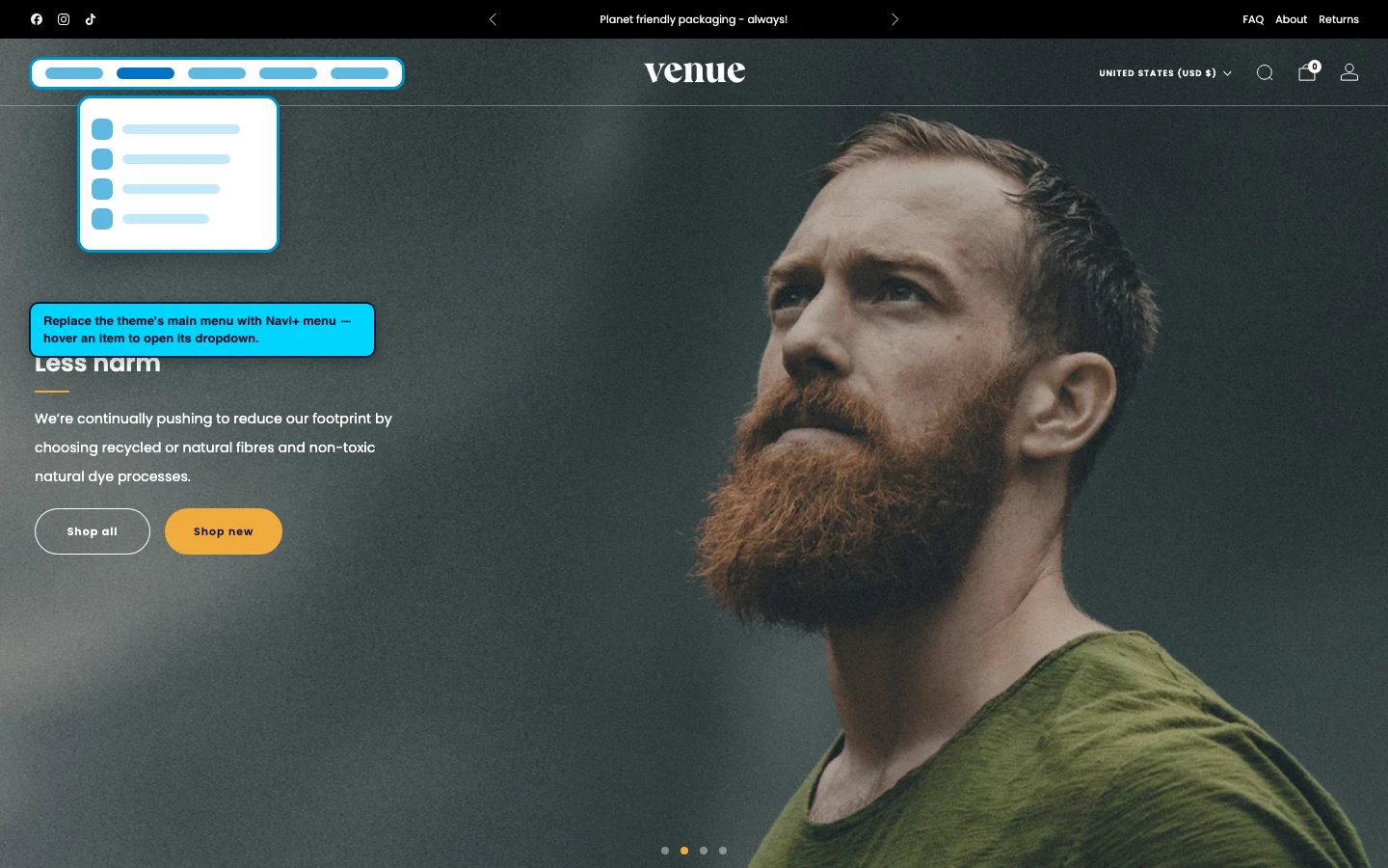 Navi+ Mega Menu replacing the desktop menu on the Venue Shopify theme Navi+ Mega Menu replacing the desktop menu on the Venue Shopify theme
