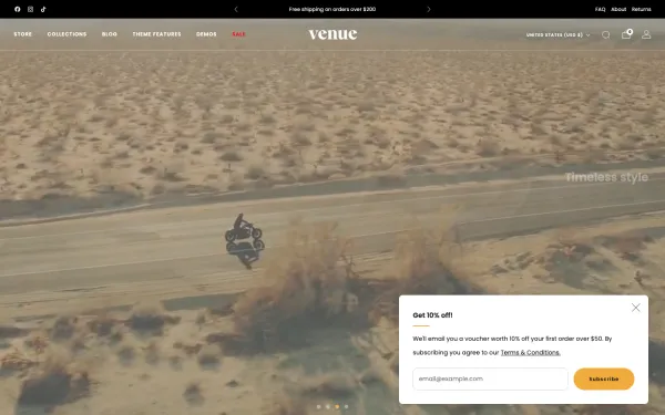 Full-page desktop screenshot of Shopify Venue theme demo store