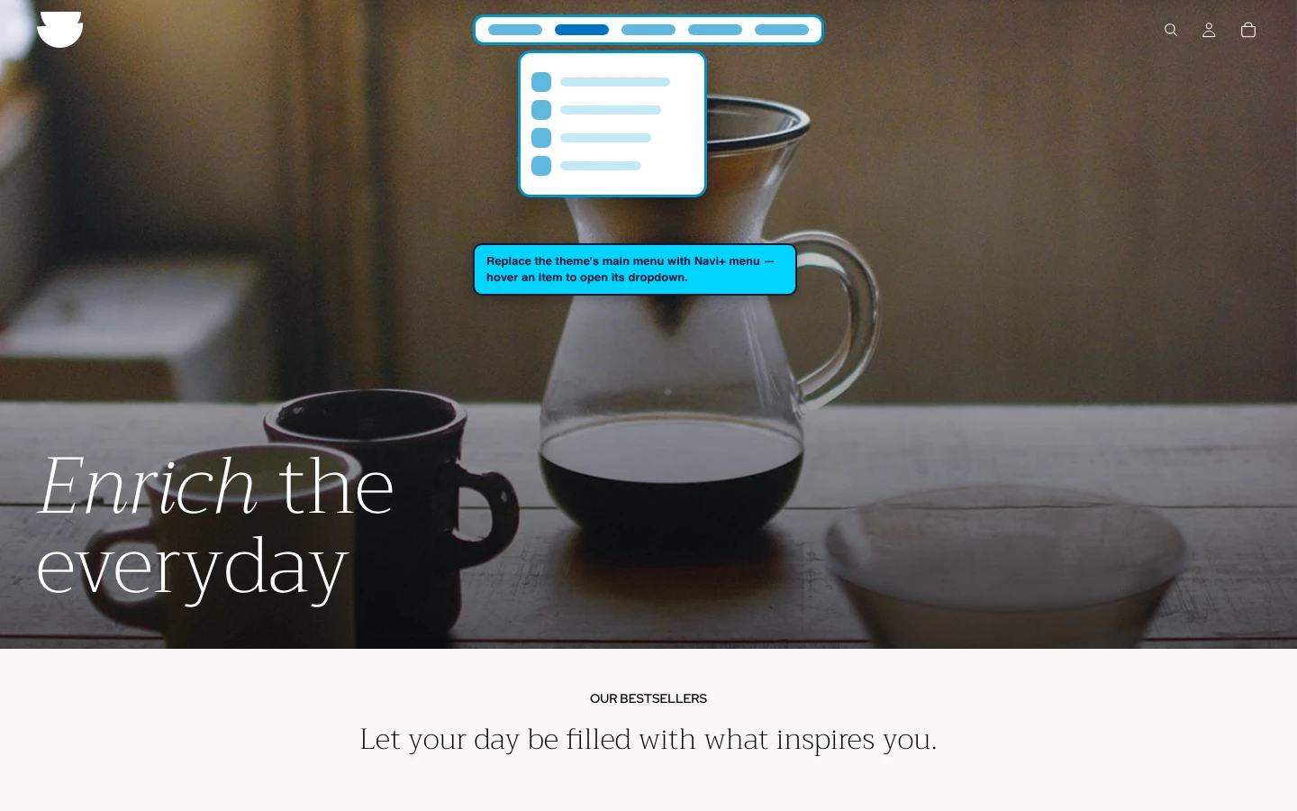 Navi+ Mega Menu replacing the desktop menu on the Vessel Shopify theme Navi+ Mega Menu replacing the desktop menu on the Vessel Shopify theme