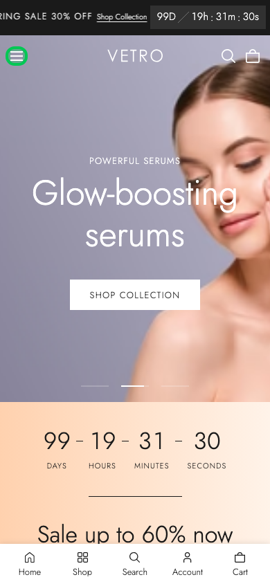 Hamburger → panel opened — Navi+ on the Vetro Shopify theme