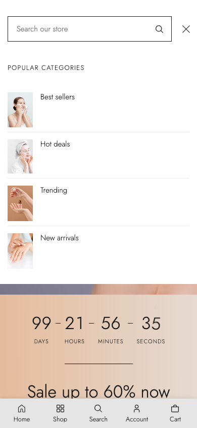 Search → panel opened — Navi+ on the Vetro Shopify theme