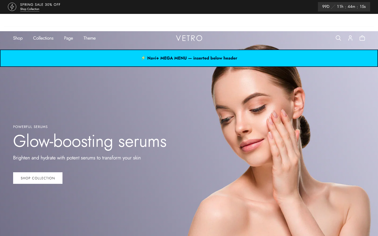 Menu inserted below header — Navi+ on the Vetro Shopify theme