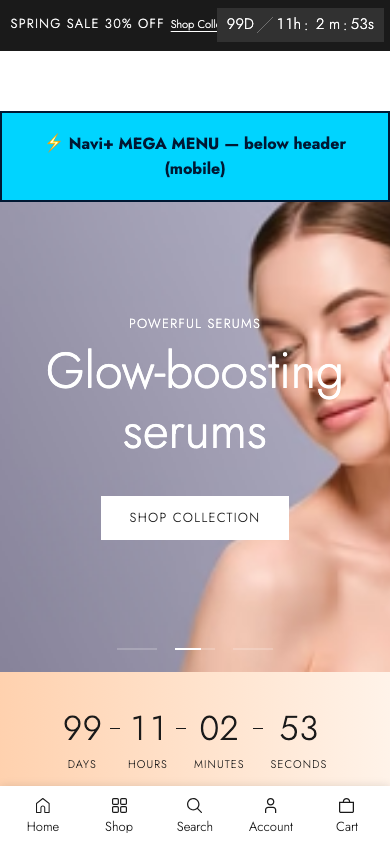 Menu inserted below header — Navi+ on the Vetro Shopify theme