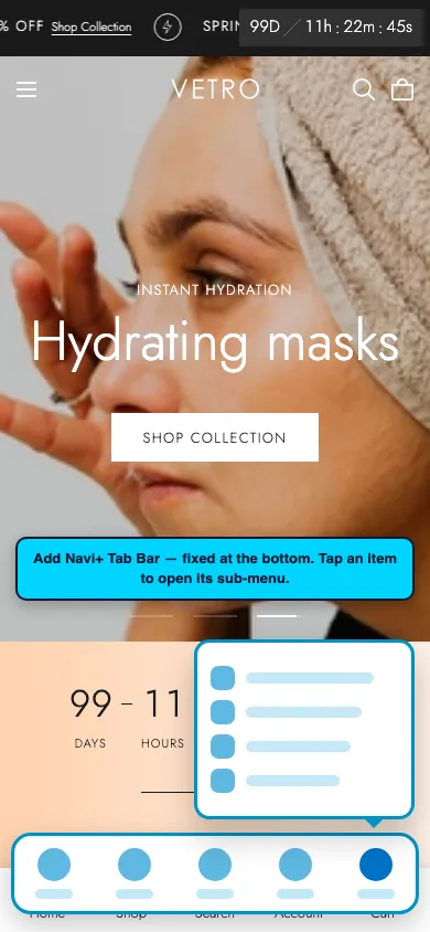 Navi+ Tab Bar on the Vetro Shopify theme Navi+ Tab Bar on the Vetro Shopify theme