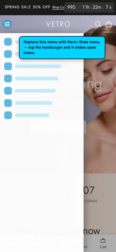 Navi+ Slide Menu on the Vetro Shopify theme Navi+ Slide Menu on the Vetro Shopify theme