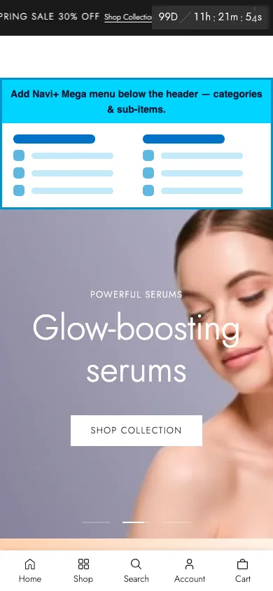 Navi+ mobile Mega Menu on the Vetro Shopify theme Navi+ mobile Mega Menu on the Vetro Shopify theme