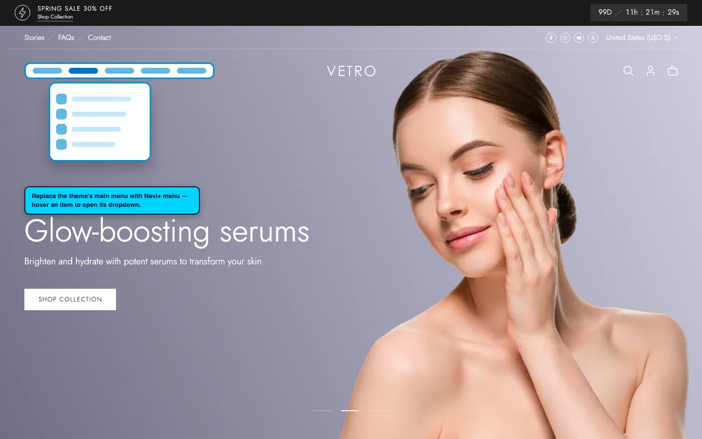 Navi+ Mega Menu replacing the desktop menu on the Vetro Shopify theme