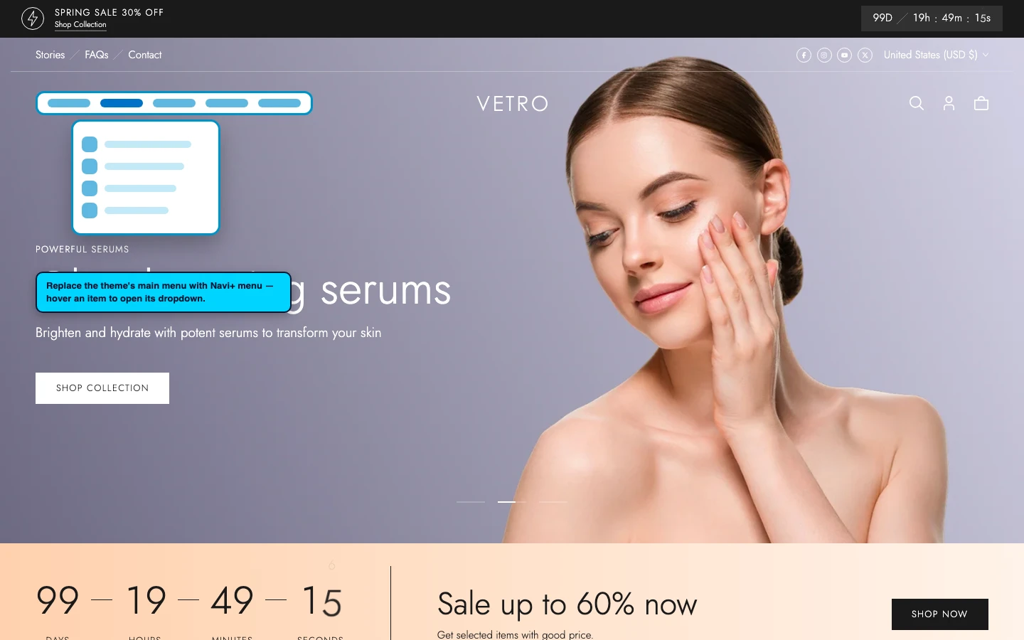 Navi+ Mega Menu replacing the desktop menu on the Vetro Shopify theme Navi+ Mega Menu replacing the desktop menu on the Vetro Shopify theme