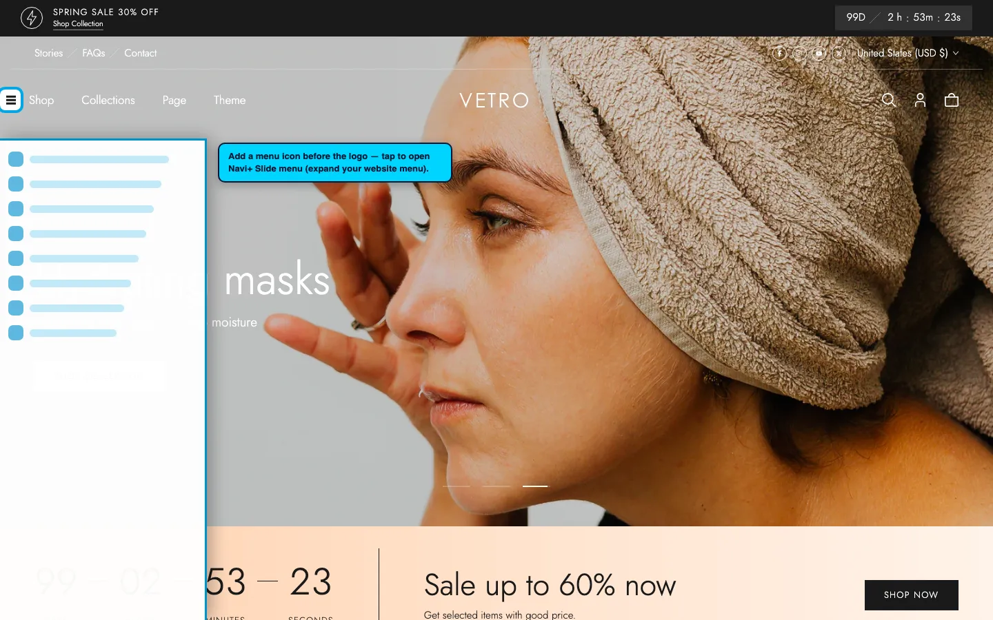 Navi+ trigger icon before the logo on the Vetro Shopify theme