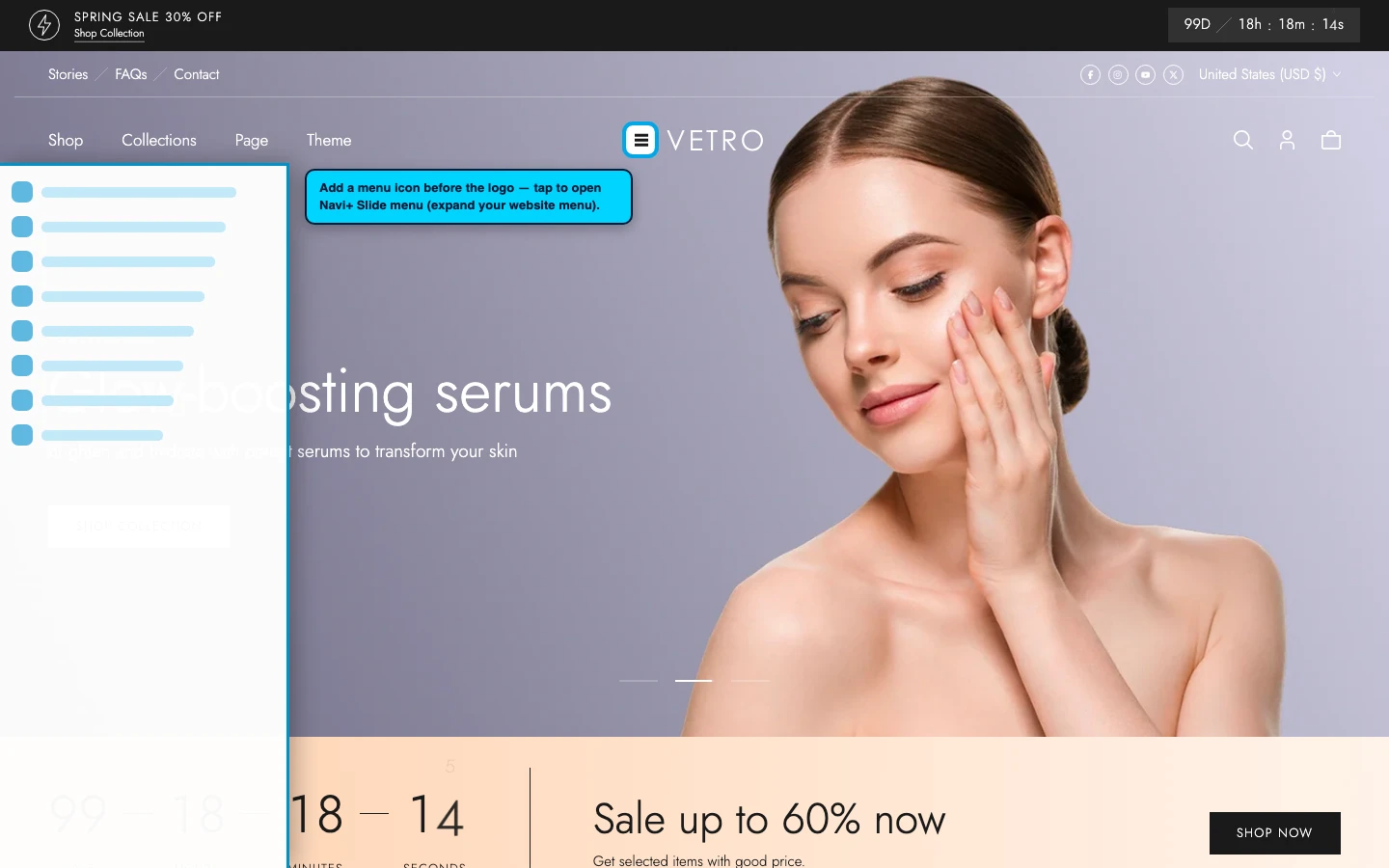 Navi+ trigger icon before the logo on the Vetro Shopify theme Navi+ trigger icon before the logo on the Vetro Shopify theme