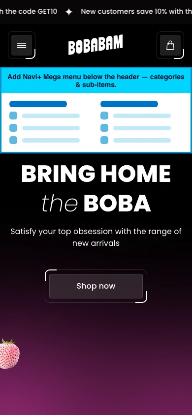 Navi+ mobile Mega Menu on the Victory Shopify theme Navi+ mobile Mega Menu on the Victory Shopify theme