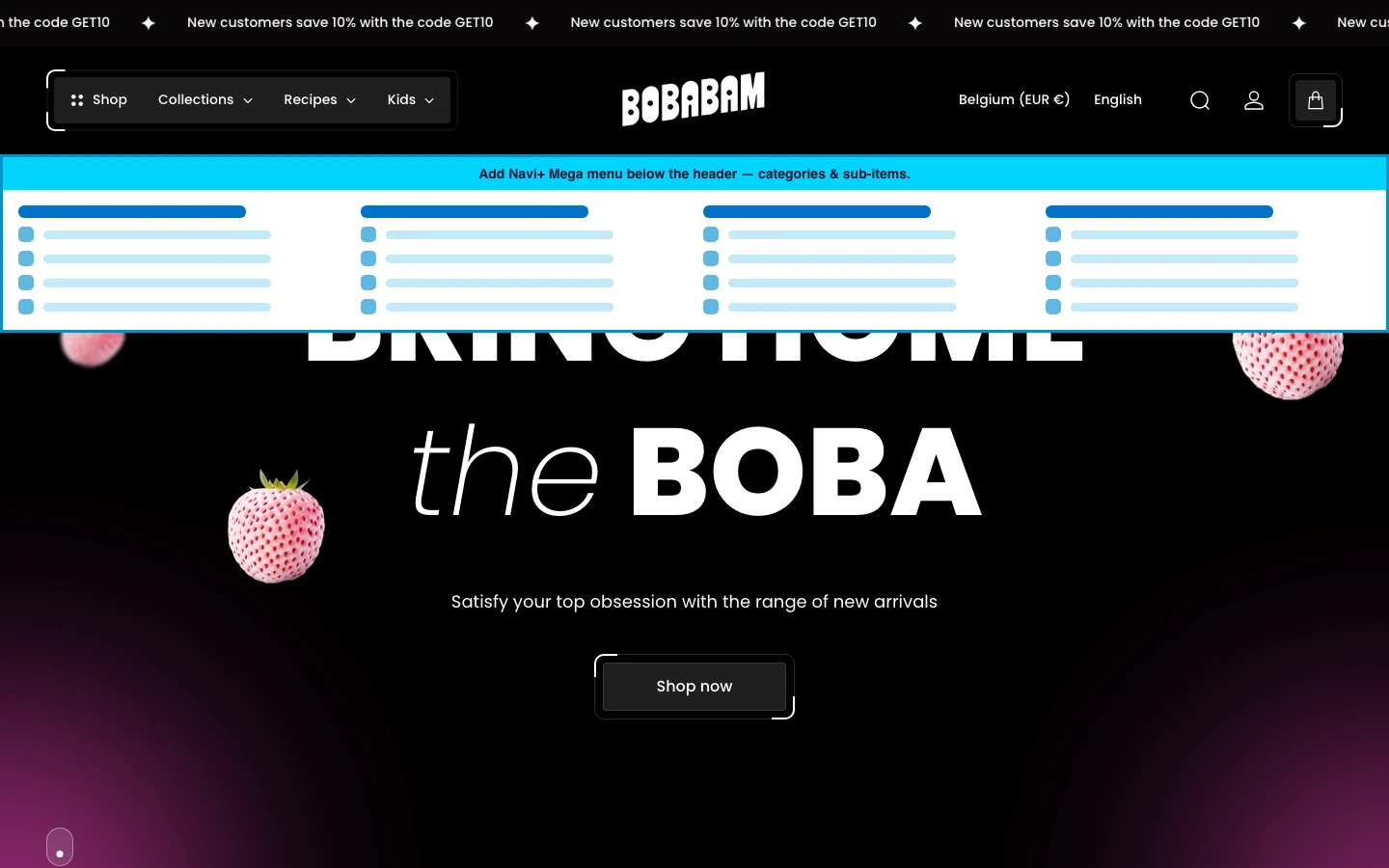 Navi+ Mega Menu inserted below the header on the Victory Shopify theme Navi+ Mega Menu inserted below the header on the Victory Shopify theme