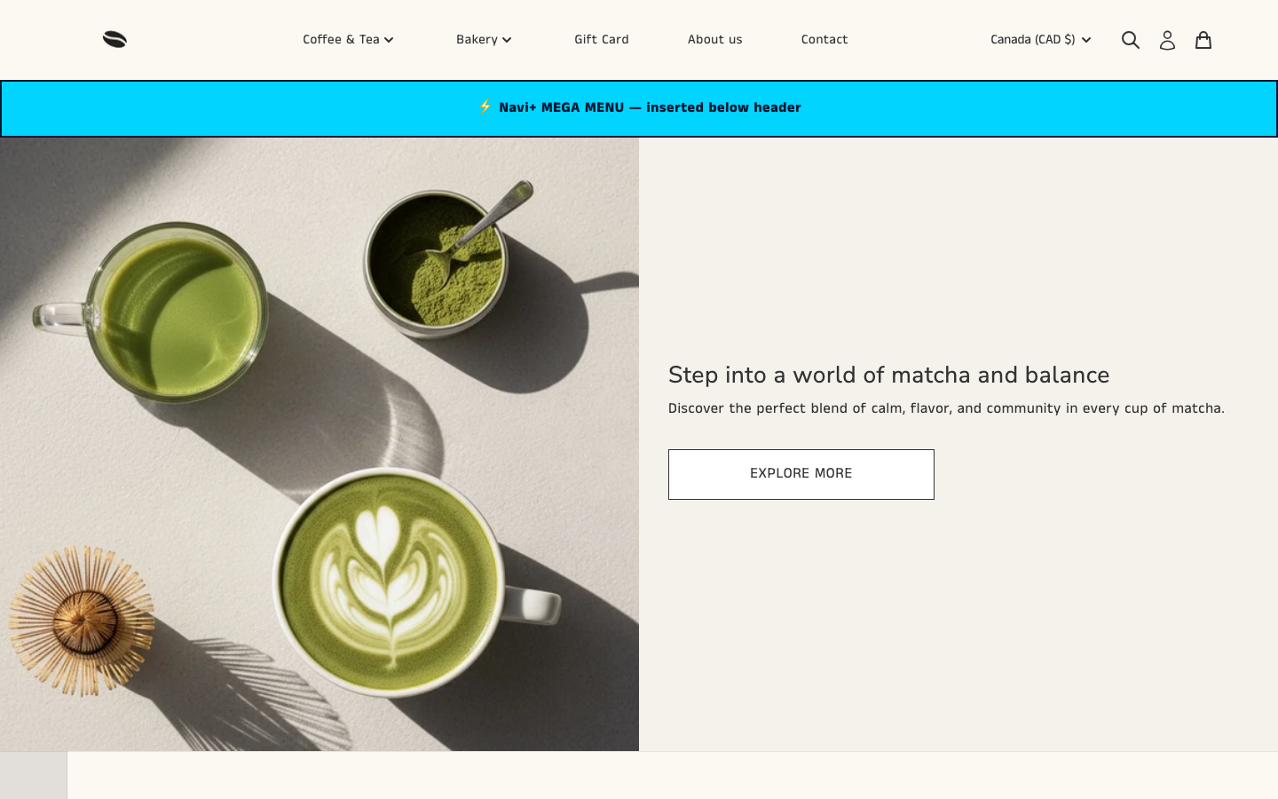 Menu inserted below header — Navi+ on the Vincent Shopify theme Menu inserted below header — Navi+ on the Vincent Shopify theme