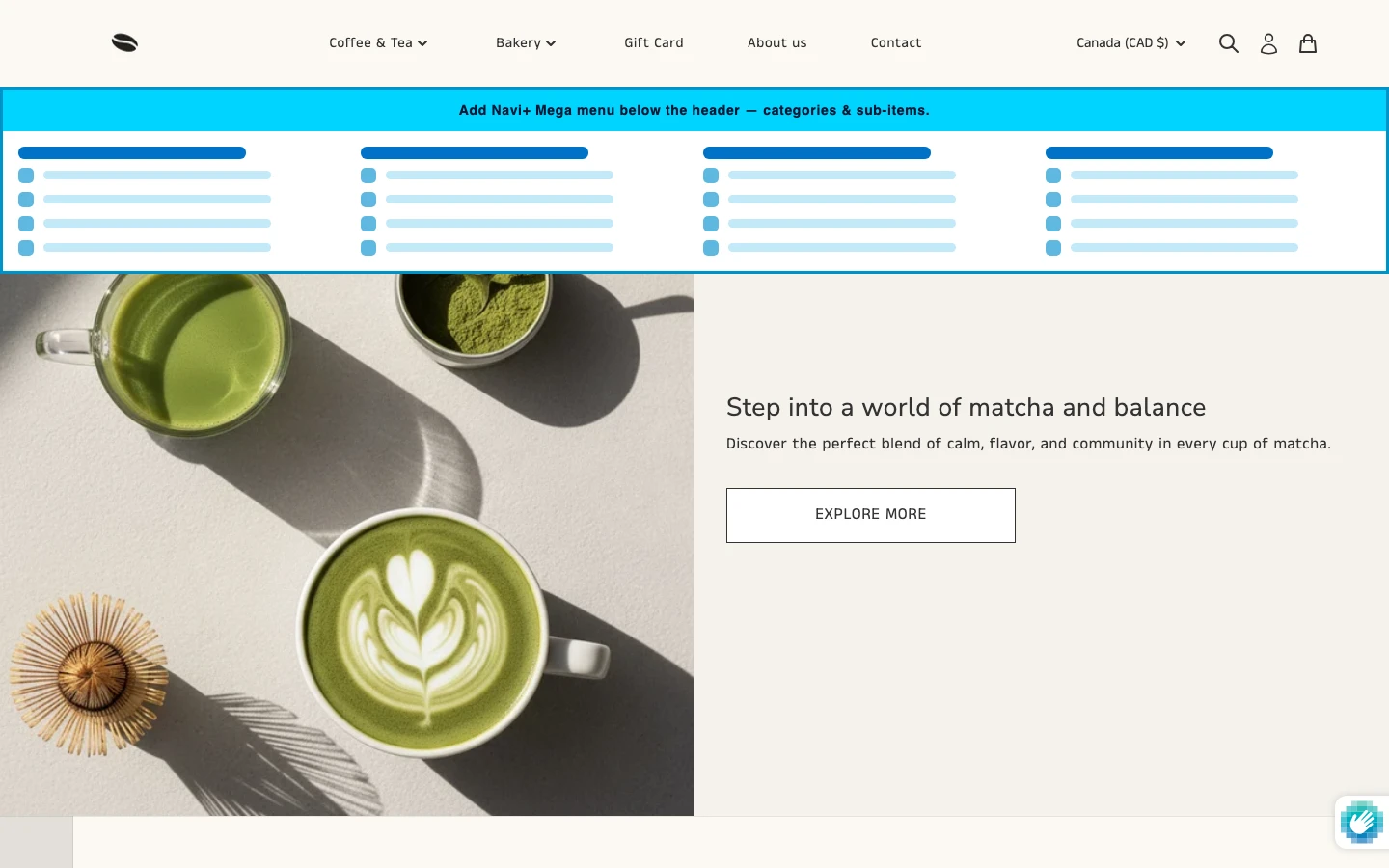 Navi+ Mega Menu inserted below the header on the Vincent Shopify theme Navi+ Mega Menu inserted below the header on the Vincent Shopify theme