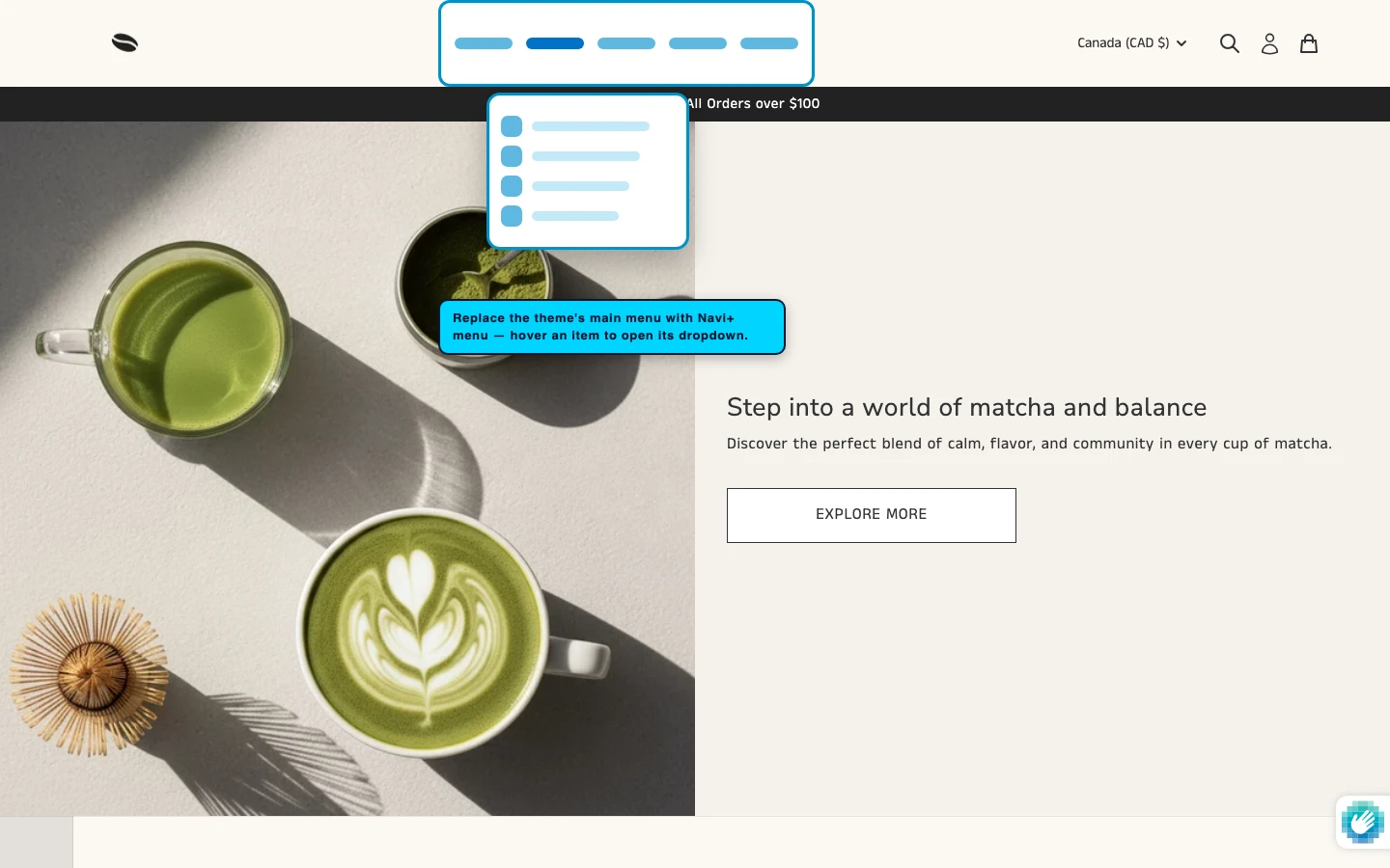 Navi+ Mega Menu replacing the desktop menu on the Vincent Shopify theme Navi+ Mega Menu replacing the desktop menu on the Vincent Shopify theme