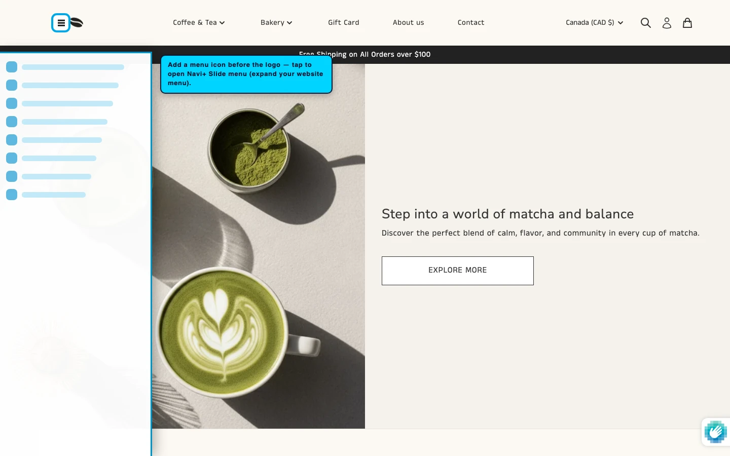 Navi+ trigger icon before the logo on the Vincent Shopify theme Navi+ trigger icon before the logo on the Vincent Shopify theme