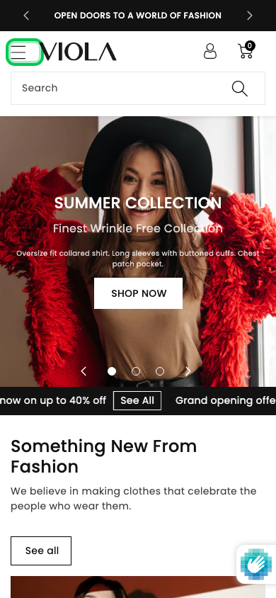 Hamburger → panel opened — Navi+ on the Viola Shopify theme