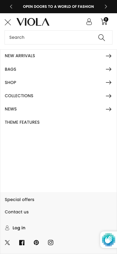 Hamburger → panel opened — Navi+ on the Viola Shopify theme