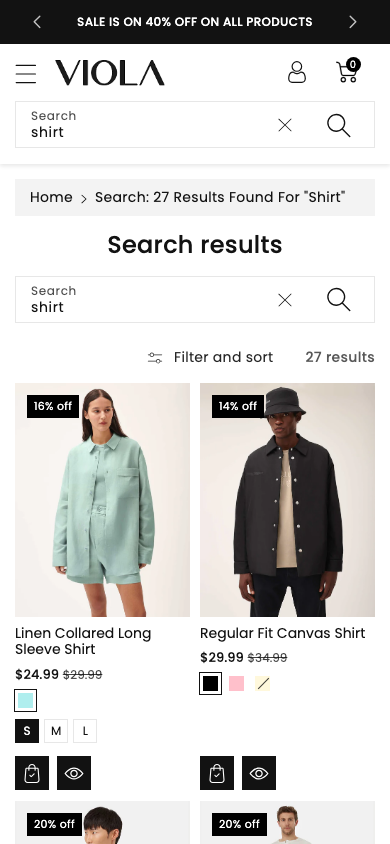 Search → panel opened — Navi+ on the Viola Shopify theme