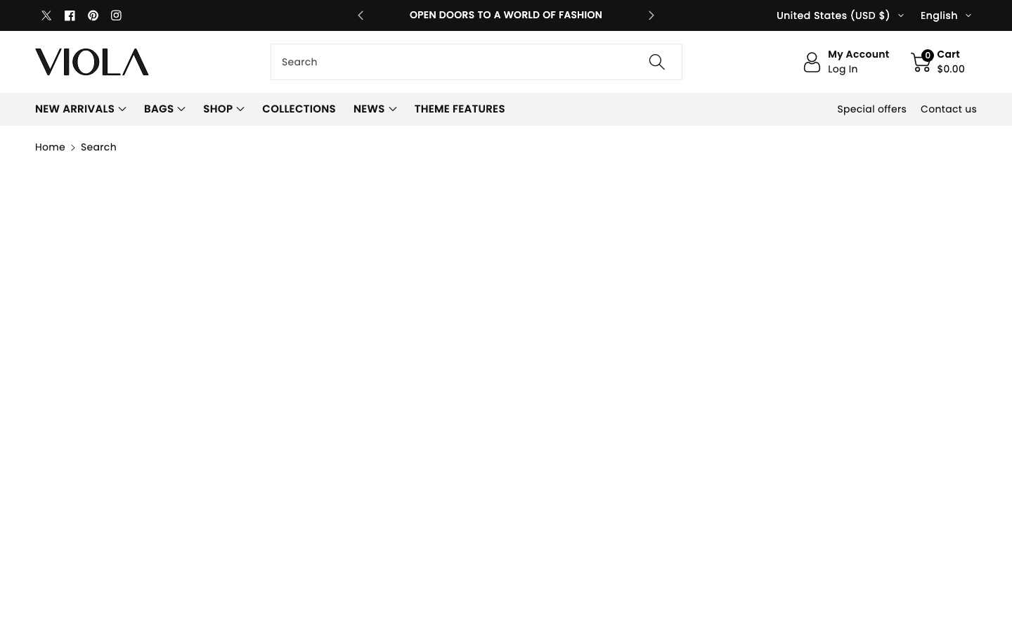 Search → panel opened — Navi+ on the Viola Shopify theme