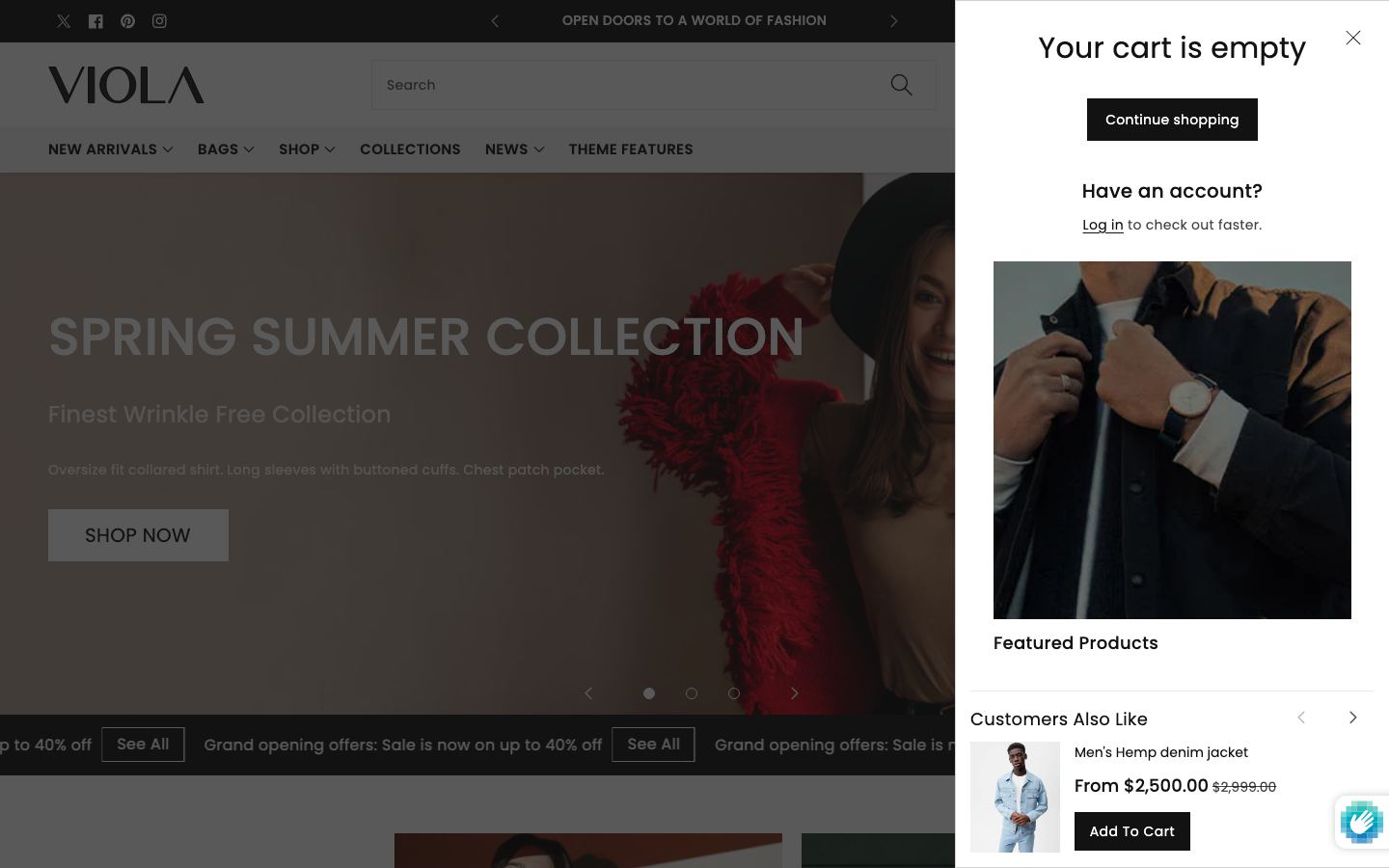 Cart → panel opened — Navi+ on the Viola Shopify theme
